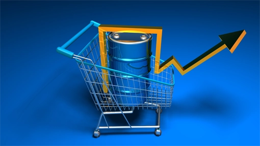 Oil in a shopping cart with graphic arrow pointing upward.