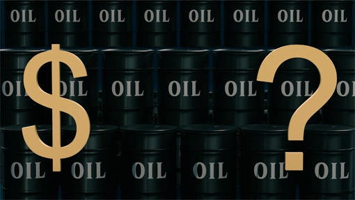 Oil barrels with question mark and dollar sign.